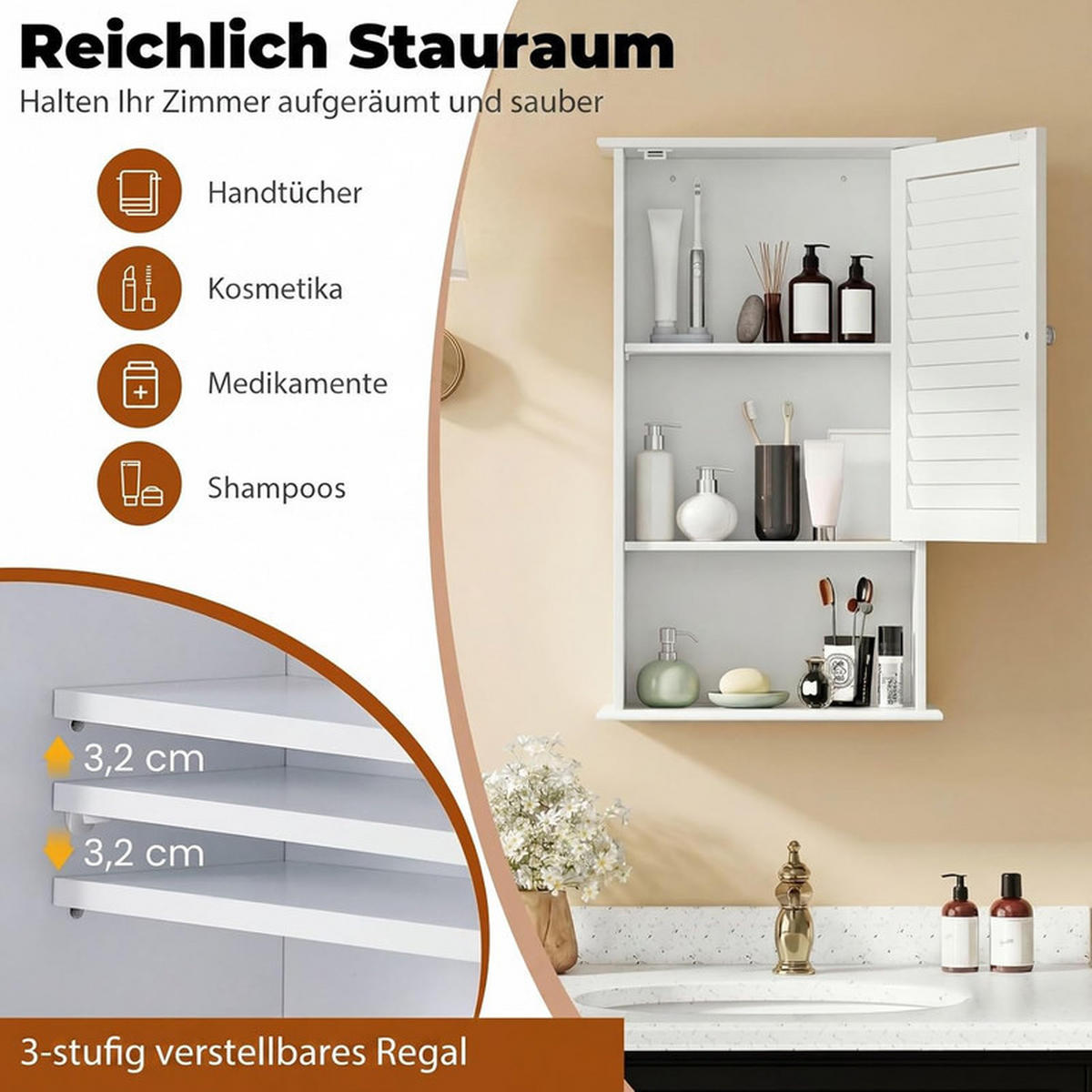BAD-HÄNGESCHRANK mit verstellbarem Einlegeboden weiß - Weiß, Holzwerkstoff (42/70/17cm) - COSTWAY