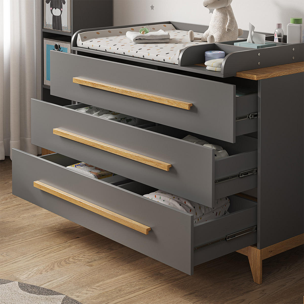 WICKELKOMMODE Malia Grau 133 x 98 cm XL mit 3 Schubladen - Grau, Holzwerkstoff (133/98/70cm) - VitaliSpa