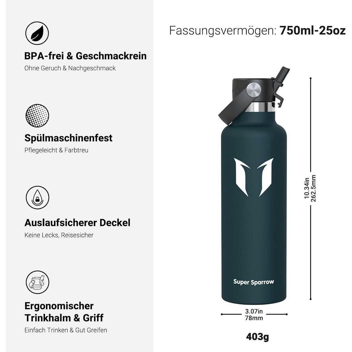 TRINKFLASCHE Edelstahl 750 ml C-Jade - Petrol, Metall (7.5/7.5cm)