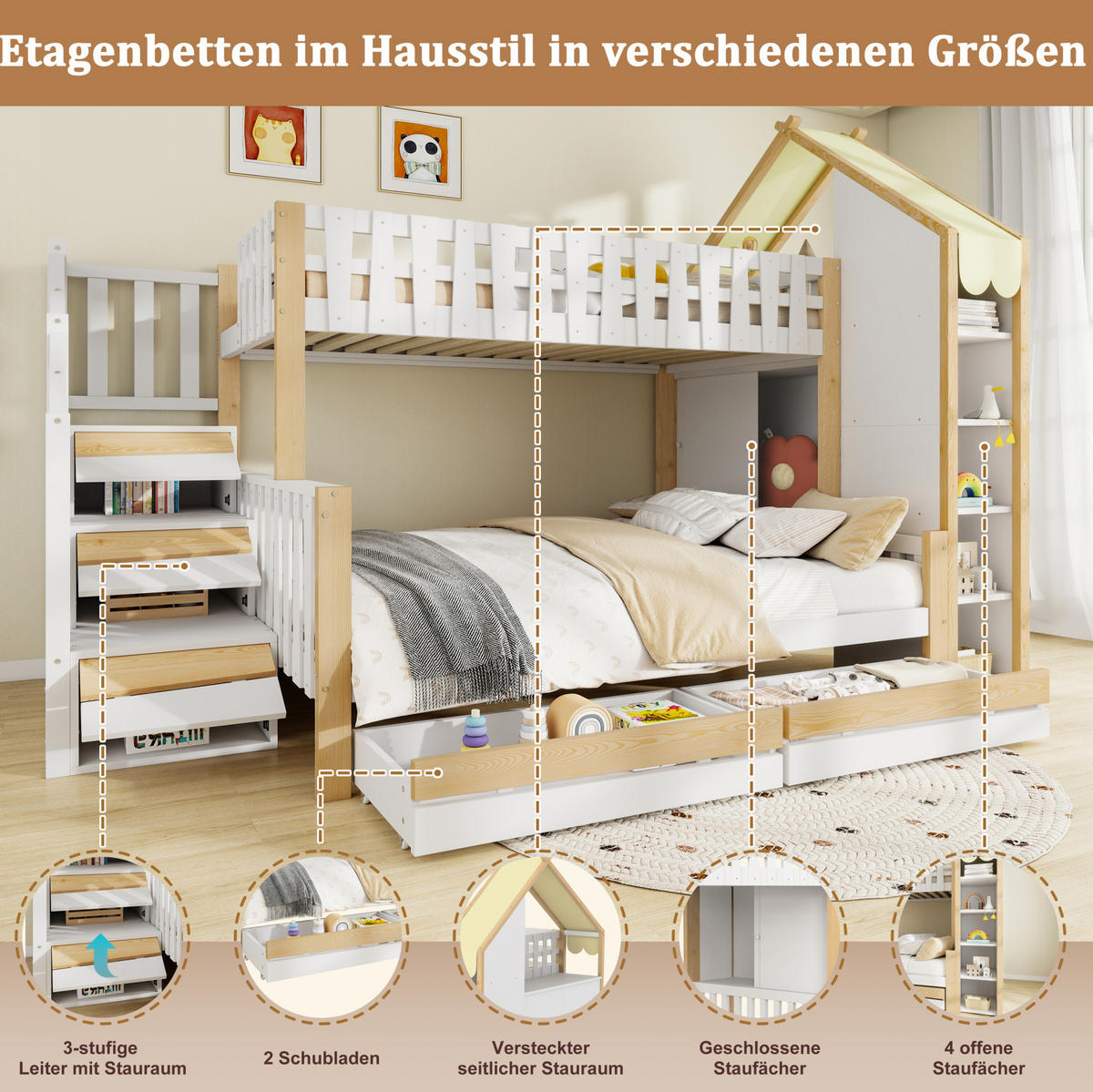 ETAGENBETT 90/200 + 140/200 cm mit Stauraumleiter, Hausdach und 2 Schubladen, Weiß/Natur - Weiß, Holz (90/200cm) - Redom