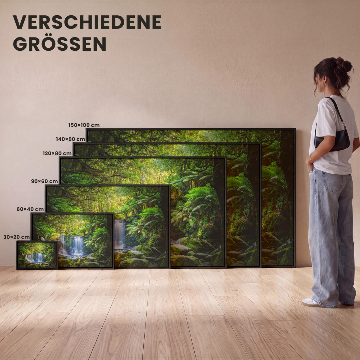 LEINWAND Bilder mit Rahmen - Dschungel - Wasserfall - Australien - Pflanzen - Natur - 30x20 - Dunkelgrün, Textil (30/20cm) - MuchoWow