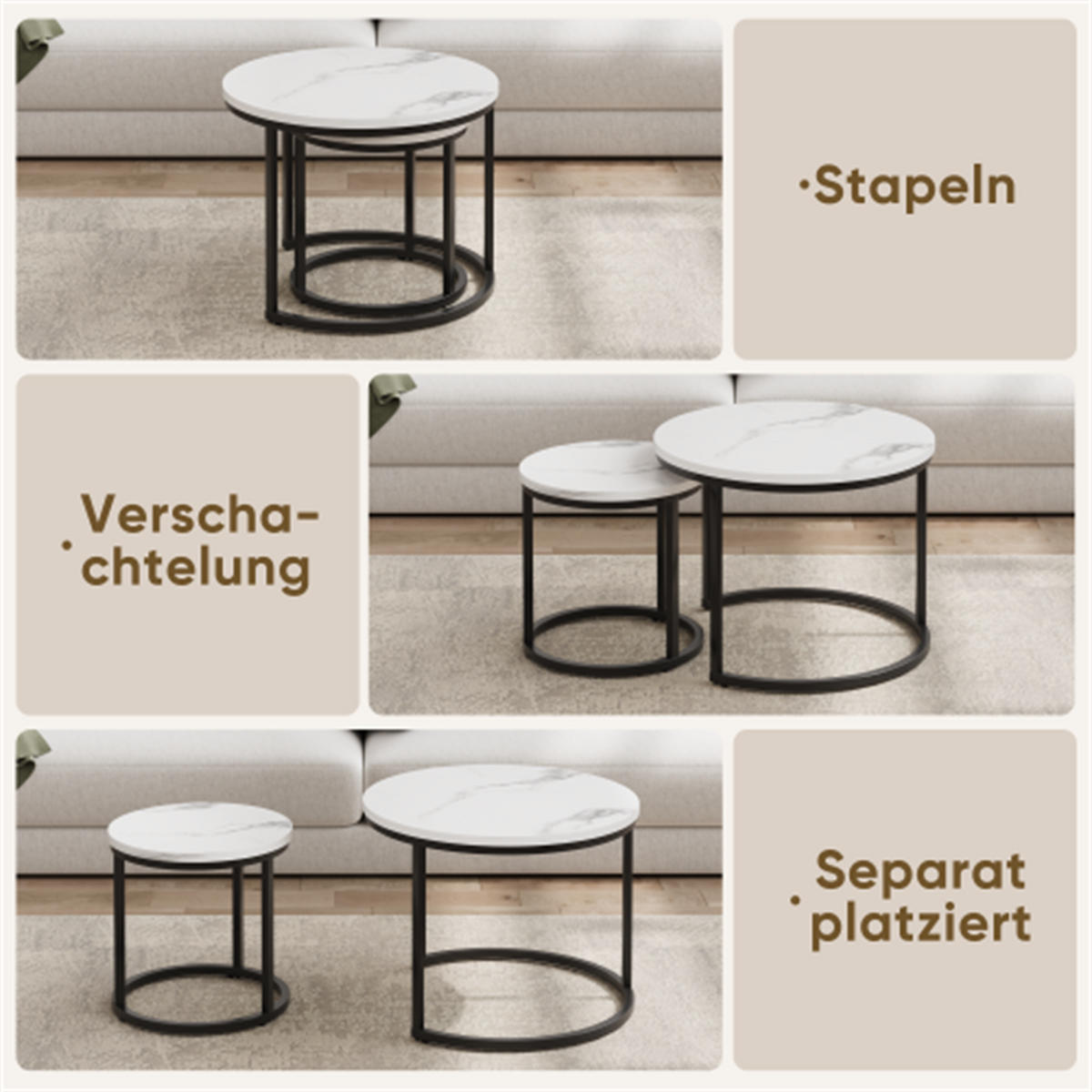COUCHTISCH-SET 2-teilig rund, weiß mit Metallrahmen, 60x60x45 cm - Weiß, Holzwerkstoff (60/60/45cm) - Blomus