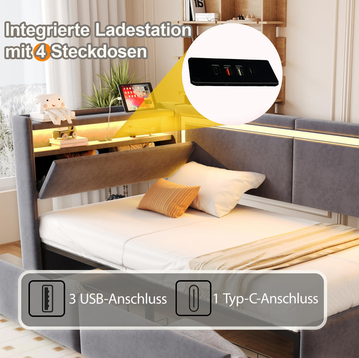POLSTERBETT 90/200 cm mit LED-Beleuchtung, USB-Anschlüssen, Stauraum und Samtbezug, Dunkelgrau - Dunkelgrau, Textil (90/200cm) - Redom