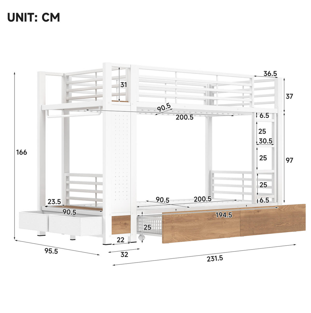 ETAGENBETT aus Metall und MDF 90x200 cm Weiß mit 4 Schubladen, LED-Beleuchtung und Kleiderhakenbereich - Weiß, Holzwerkstoff (90/200cm) - Modfu