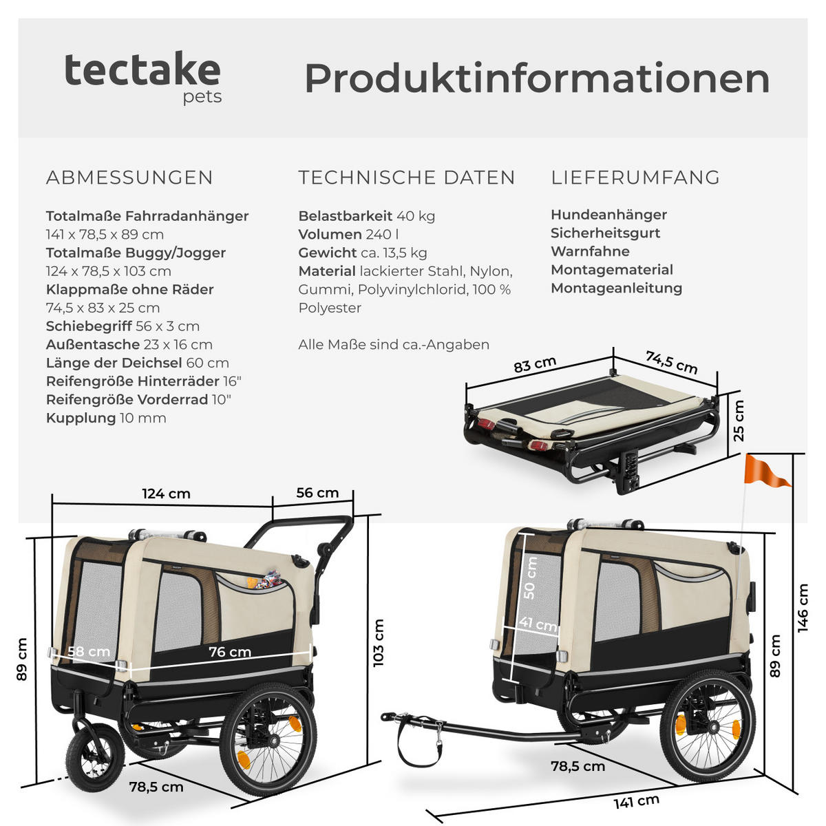 HUNDEANHÄNGER Woofrider,inklusive Reflektoren, Leine und Warnfahne,beige - Beige, Metall (78.5/89/141cm) - tectake