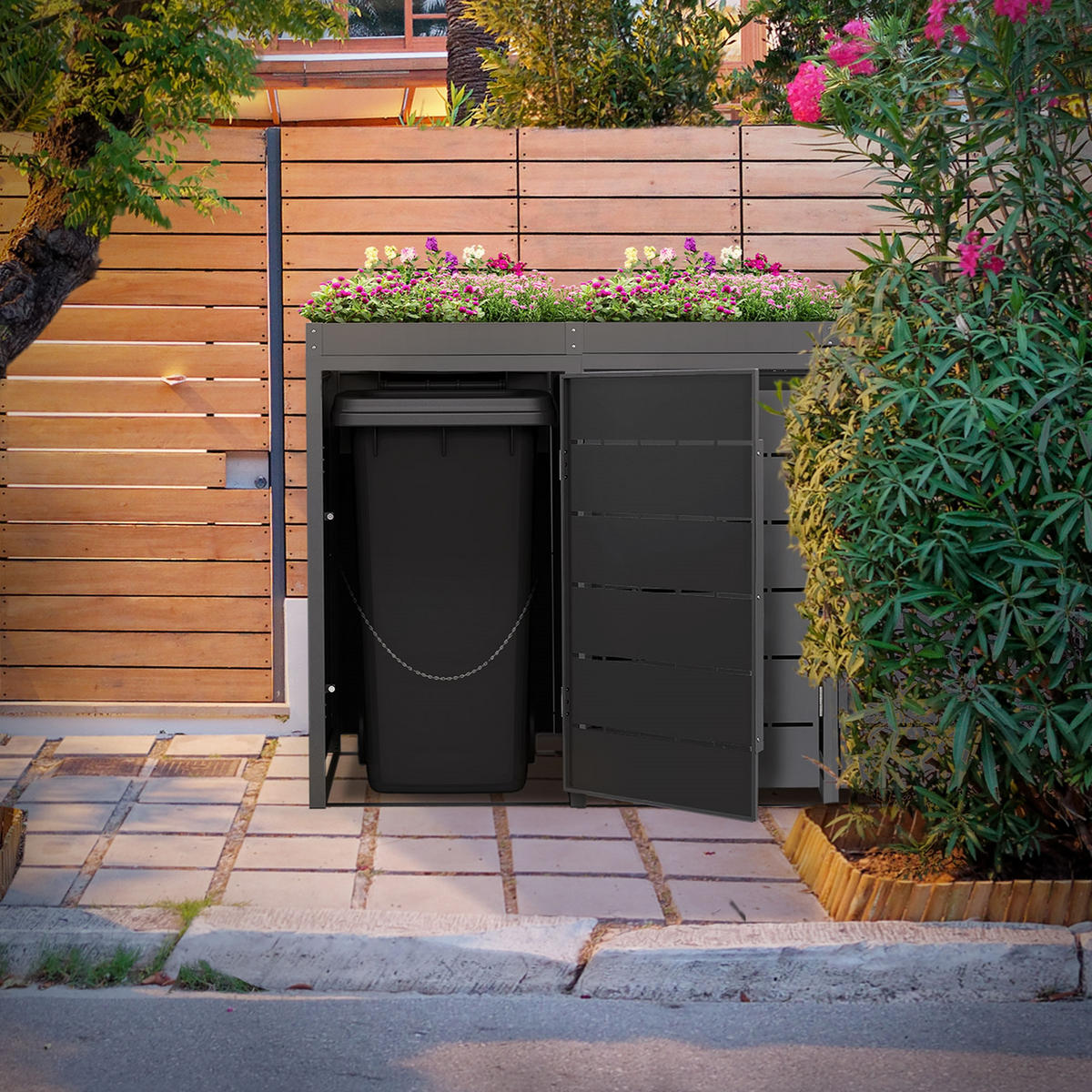 MÜLLTONNENBOX 3er mit Pflanzdach 240L 196x80x124 cm Anthrazit aus Stahl - Anthrazit, Metall (80/124/196cm) - ML-DESIGN