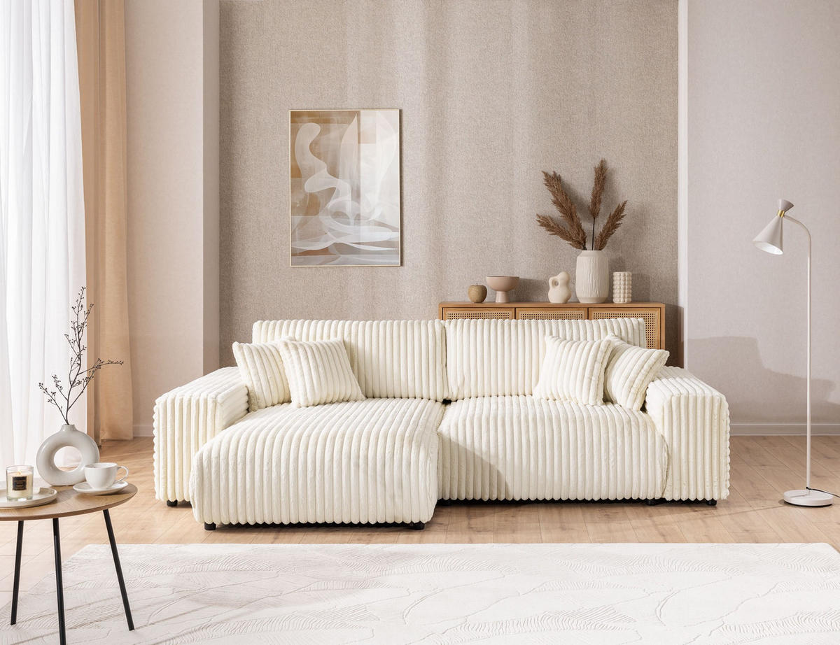 ECKSOFA Mollis Hellbeige Plüschcord - Ottomane Links - Beige/Schwarz, Holz/Kunststoff (255/168cm) - S-Style Möbel