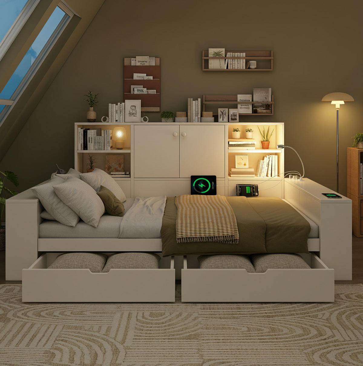 POSTEĽ s úložným priestorom 140/200 cm biela s USB, zásuvkami a policami z MDF a preglejky - biela, kompozitné drevo (140/200cm) - OKWISH