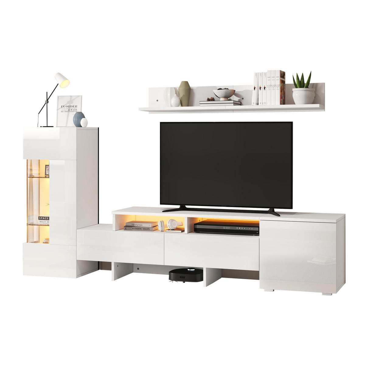 TV-WOHNWAND 3-teilig 170/35/45 cm aus Spanplatte mit LED-Beleuchtung und Hochglanzfront Weiß - Weiß, Holzwerkstoff (170/45/35cm) - Modenvie