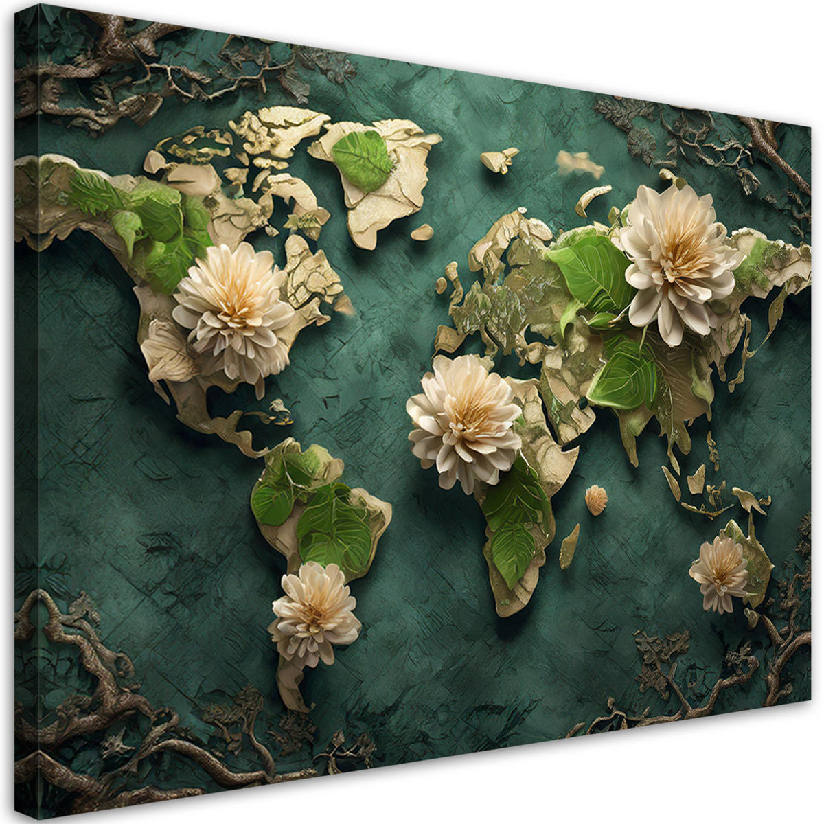 WANDBILD blumen weltkarte weiß - Grün, Textil (60/40cm) - Feeby