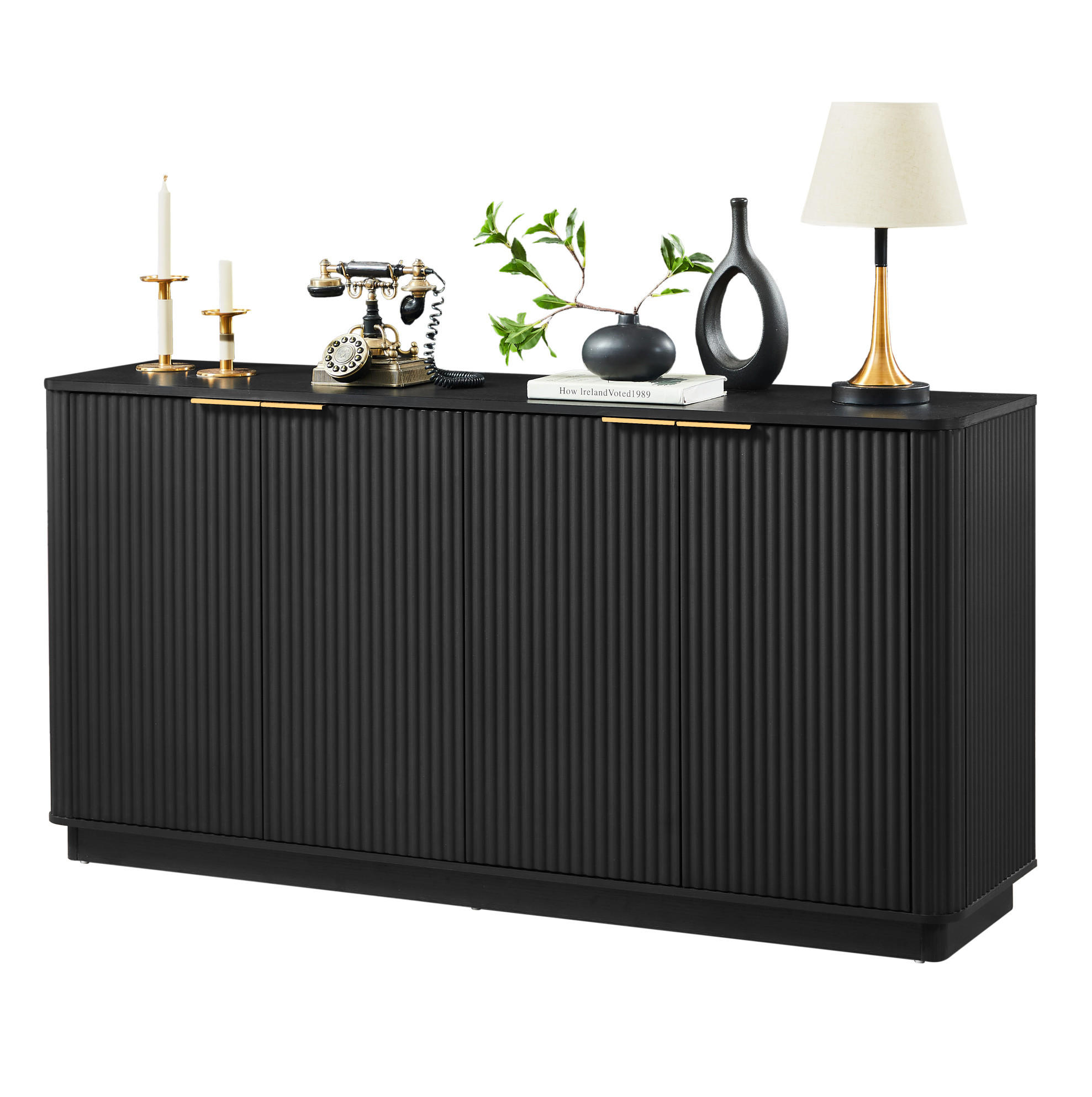 SIDEBOARD aus MDF 160x40x80 cm Schwarz mit 4 Türen und viel Stauraum in Wellenoptik - Schwarz, Holzwerkstoff (160/80/40cm) - Modfu