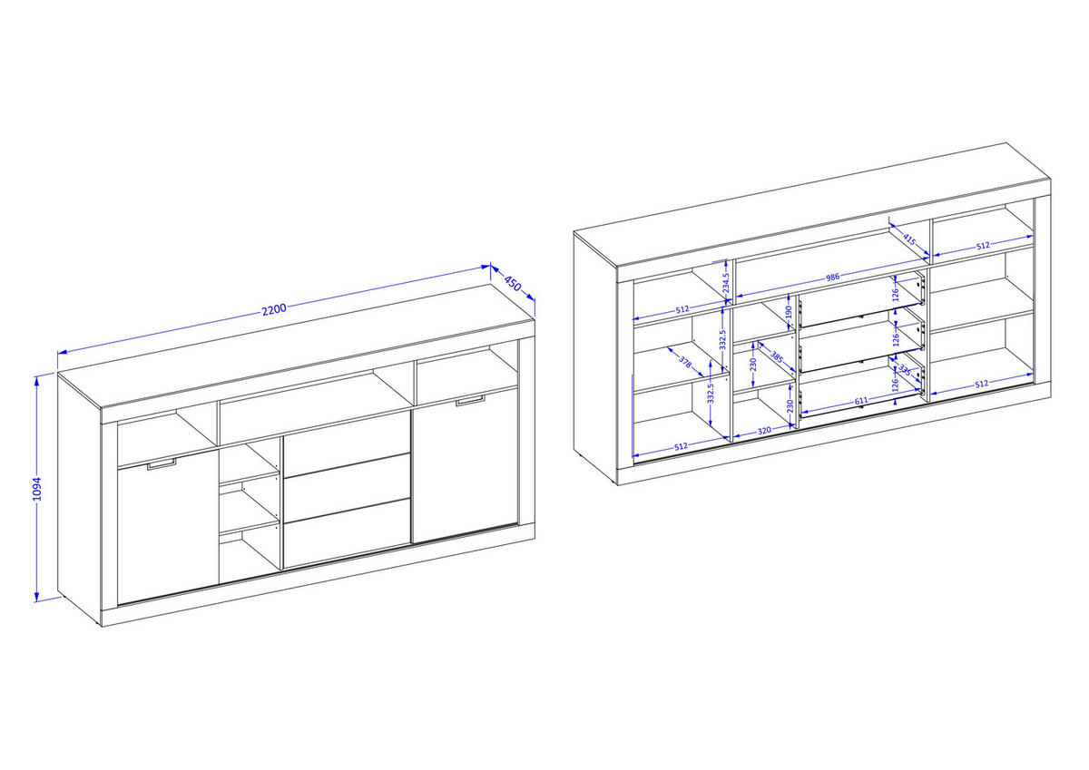 SIDEBOARD DAVOR 220x45x109 cm mit 3 Schubladen und 2 Türen Eichefarben - Braun, Holzwerkstoff (220/109/45cm) - MASSENO