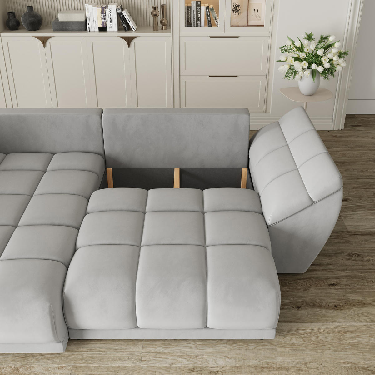 ECKSOFA ORENTI L-S Braun Velours-Stoff mit Schlaffunktion - Braun, Holz (287/182cm) - MASSENO