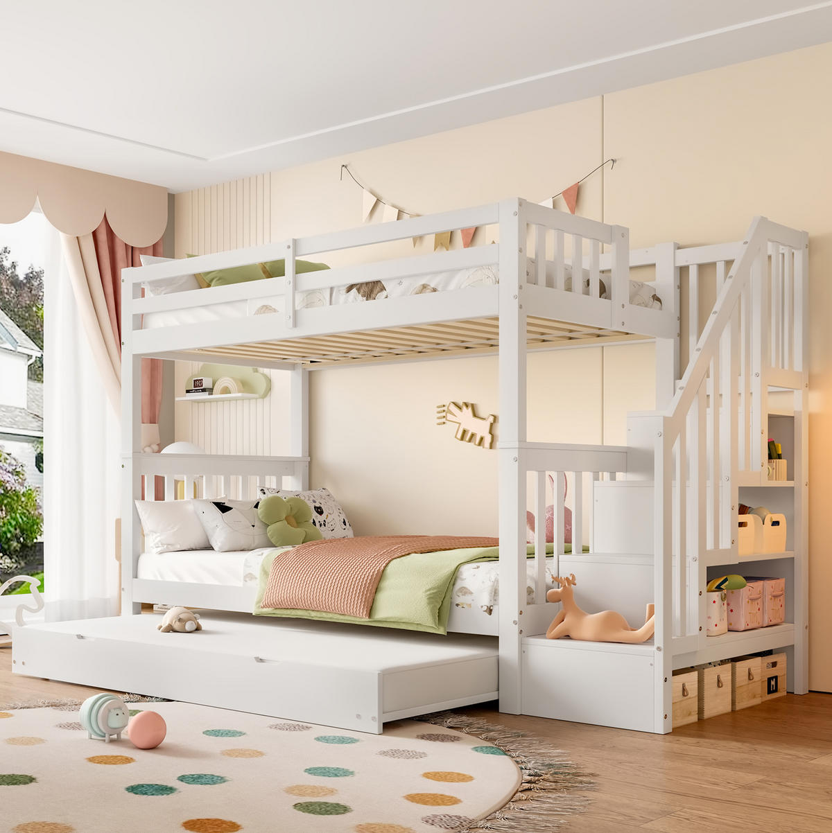 ETAGENBETT 90/200 cm aus Kiefernholz und MDF mit Ausziehbett und Treppenregal Weiß - Weiß, Holz (90/200cm) - Modenvie