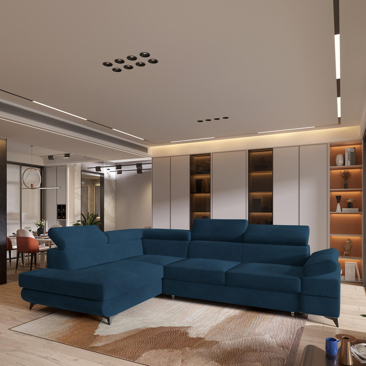 ECKSOFA FAVIEN L-S Blau Velours-Stoff mit Schlaffunktion - Blau, Holz (257/190cm) - MASSENO