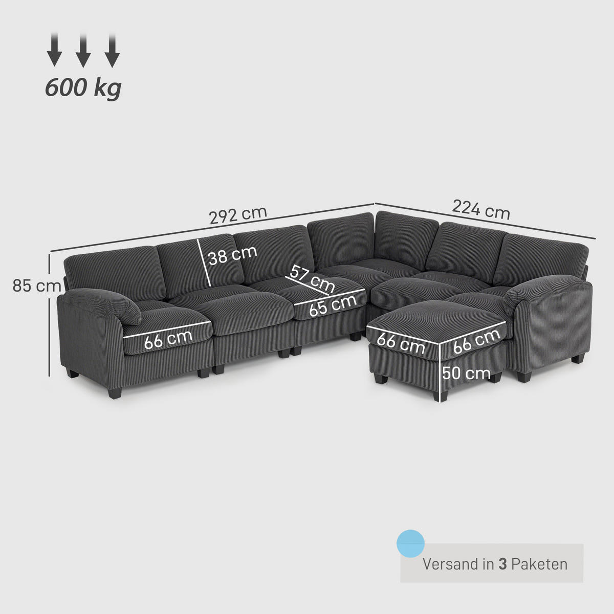 ECKSOFA Dunkelgrau 292/224/85 cm - Dunkelgrau, Textil (292/224cm) - PANGIVO