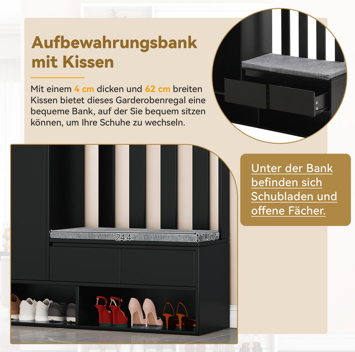 DIELENGARDEROBE mit Sitzbank und 4 Haken in Schwarz, 100/35/180 cm - Schwarz, Holzwerkstoff (100/180/35cm) - BEAOK