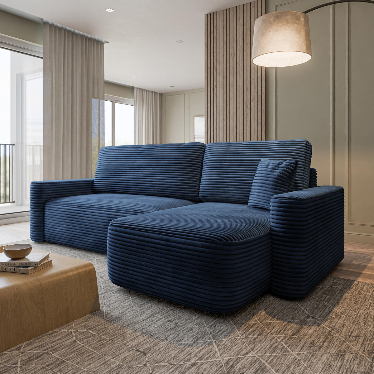 ECKSOFA NERI T Blau Kordstoff mit Schlaffunktion - Blau, Holzwerkstoff/Textil (280/157cm) - MASSENO