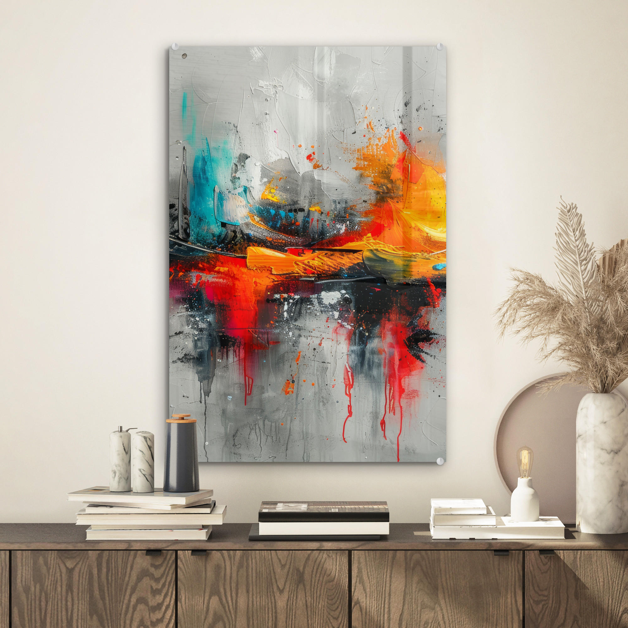 ACRYLGLASBILD Moderne Kunst - Orange - Grau - Abstrakt 40x60 cm - Hellgrau, Glas (40/60cm) - MuchoWow
