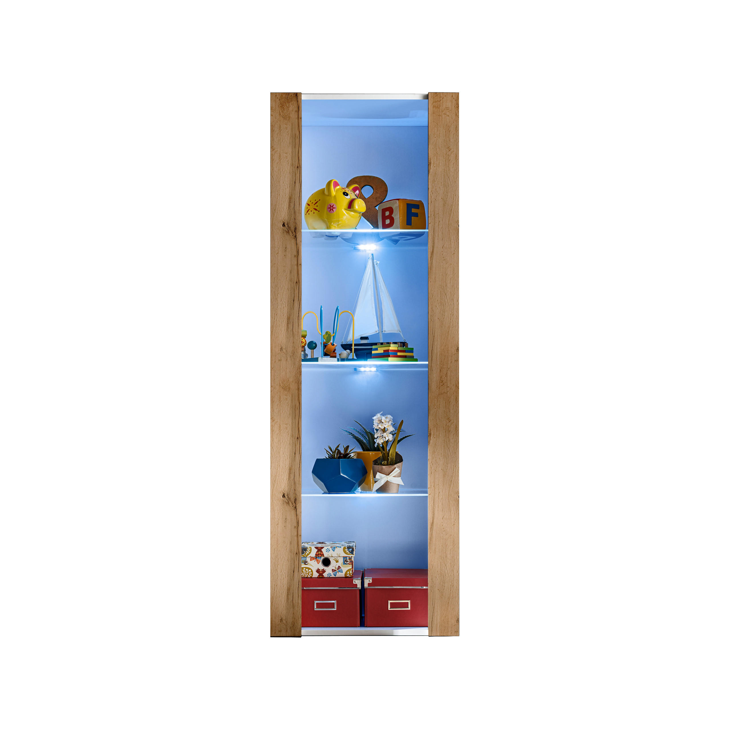 VITRINE TIVOLI, Weiß + Eiche Wotan, LED Blau - Eiche Wotan/Weiß, Glas/Holzwerkstoff (55/159/35cm) - Komodee