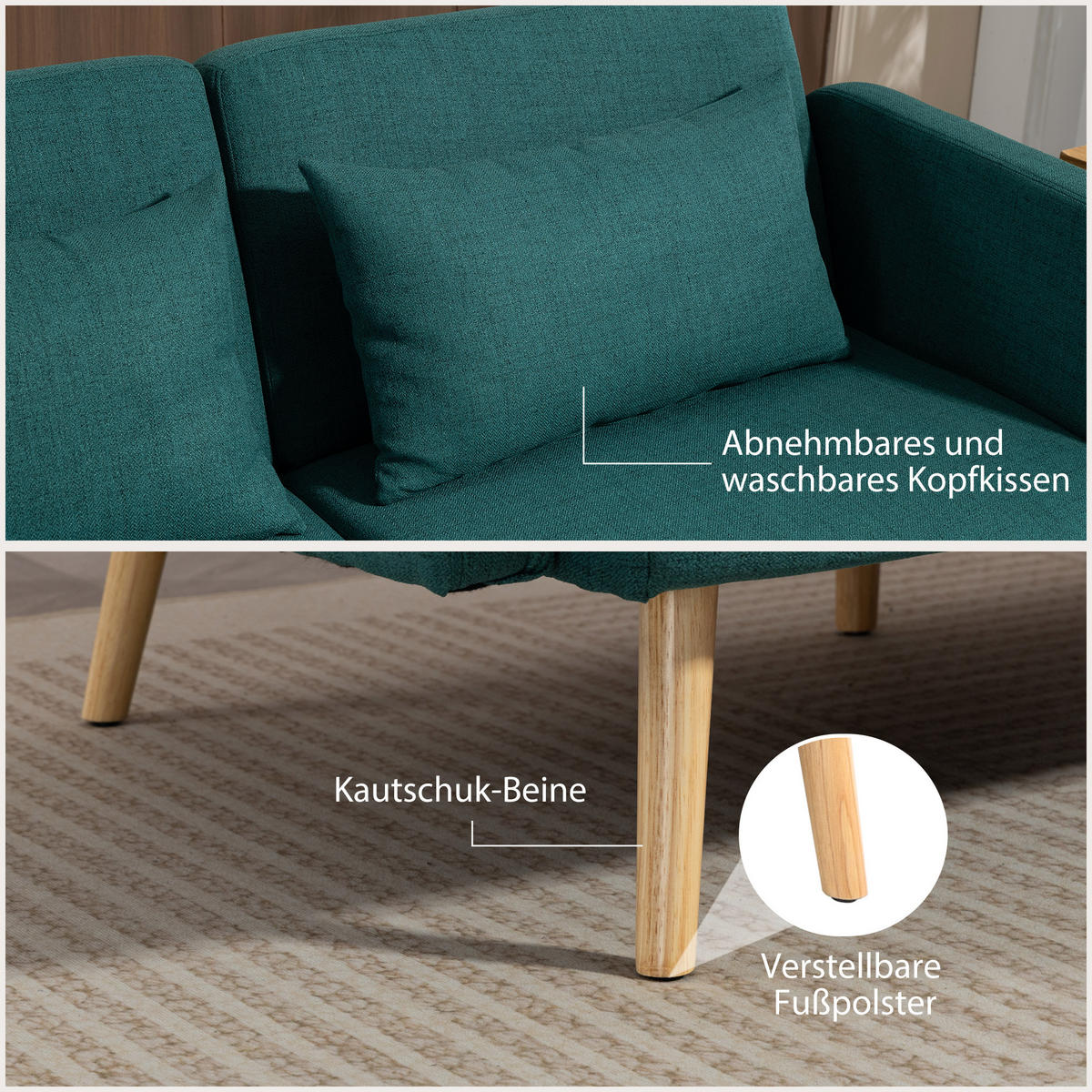 SCHLAFSOFA, 3-Sitzer-Sofa mit Bettfunktion, 2 Kissen, Leinenoptik, Grün - Naturfarben/Grün, Holz/Textil (83/80/170cm) - HOMCOM