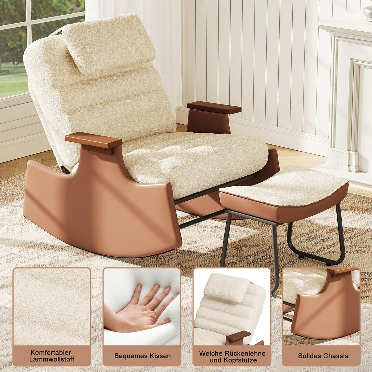 SCHAUKELSTUHL 3-stufig verstellbar Nackenstütze - Beige, Holz (51.5/81/81.5cm) - SHOPENTRA
