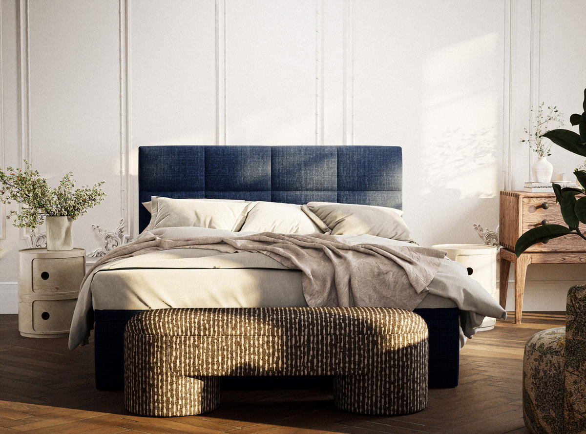 BOXBETT 140/200 cm Umage, in Marineblau, Matratze, gepolstertes Kopfteil, Bettkasten, H3 = fest - Schwarz/Dunkelblau, Holz/Holzwerkstoff (140/200cm) - Maison de Reve