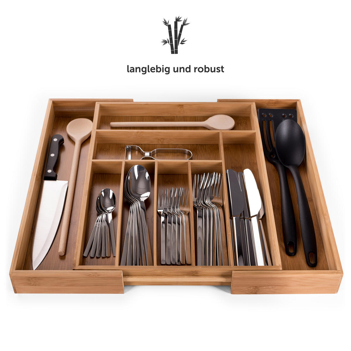 BESTECKKASTEN größenverstellbar 7 - 9 Fächer Bambus - Eichefarben, Holz (33.7/5/44.5cm) - Blumtal