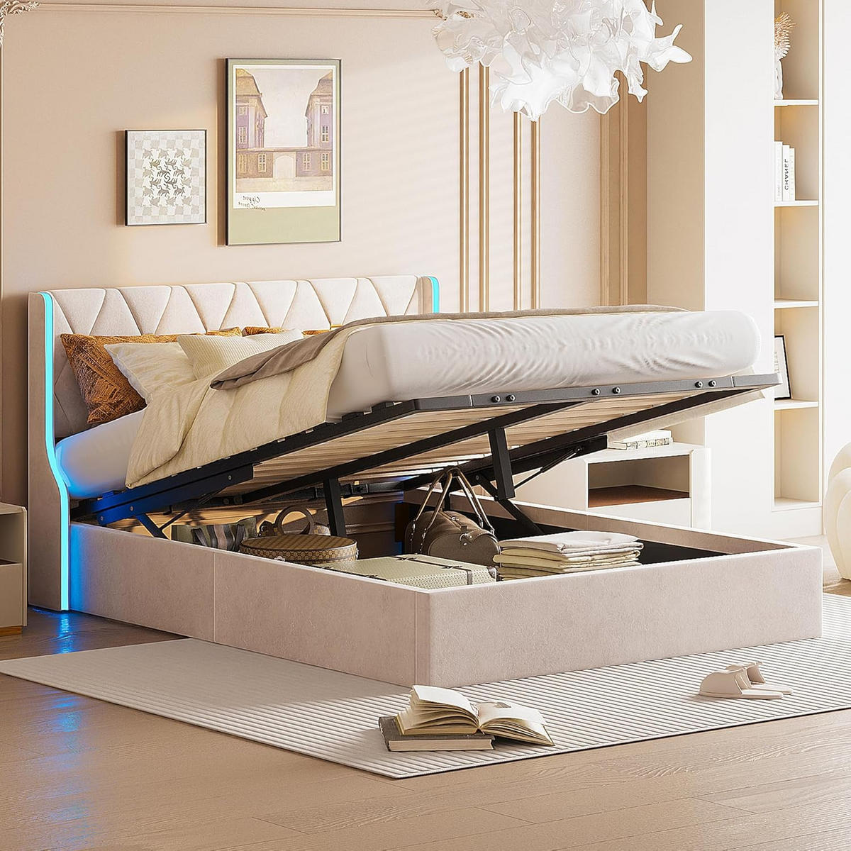 POLSTERBETT 140x190 cm, Beige, LED-Beleuchtung - Beige, Textil/Metall (140/190cm)