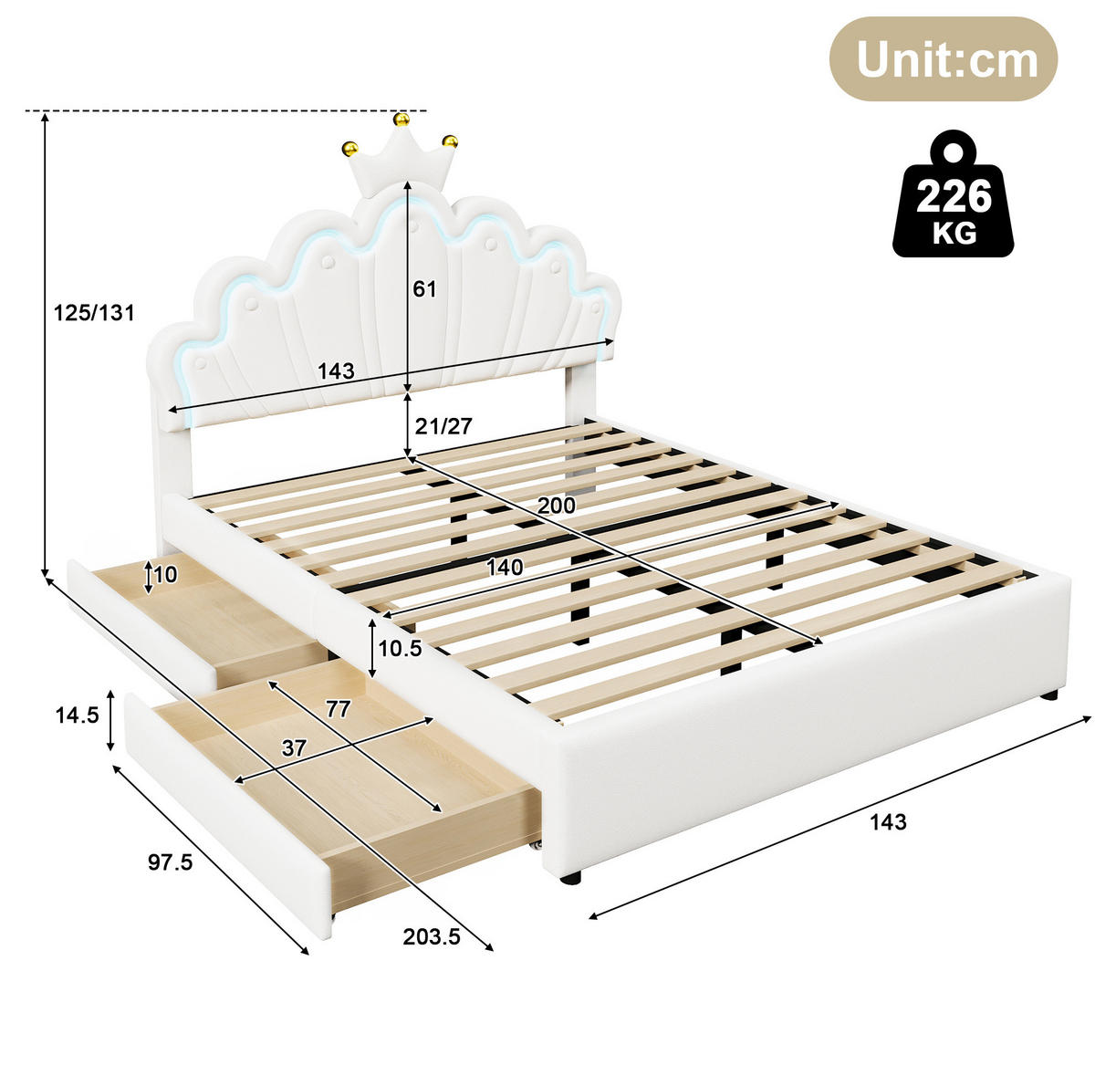 KINDERBETT 140/200 cm in Weiß mit LED-Licht, 2 Schubladen und verstellbarem Kopfteil - Weiß, Leder (140/200cm) - BEAOK
