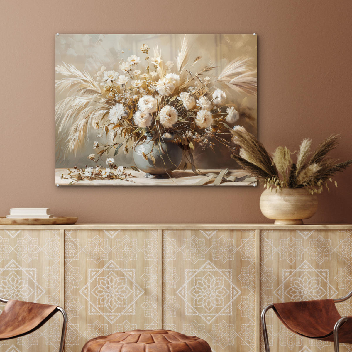 ACRYLGLASBILD Blumen - Vase - Stilleben - Beige 80x60 cm - Creme, Glas (80/60cm) - MuchoWow