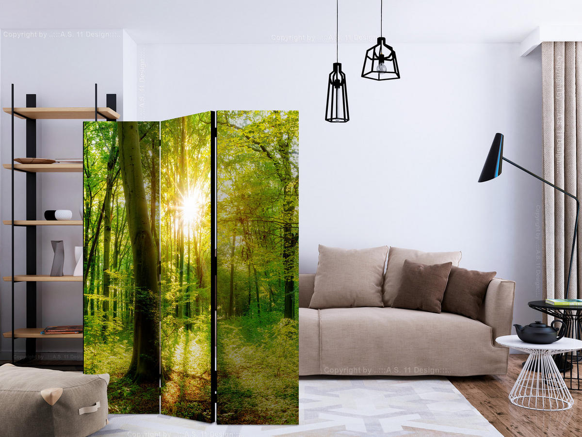 PARAVENT Einseitig Bedruckter 3-tlg 135x172 cm Sonnenstrahlen im Wald - Grün, Holz/Textil (135/172/3cm) - Muralo