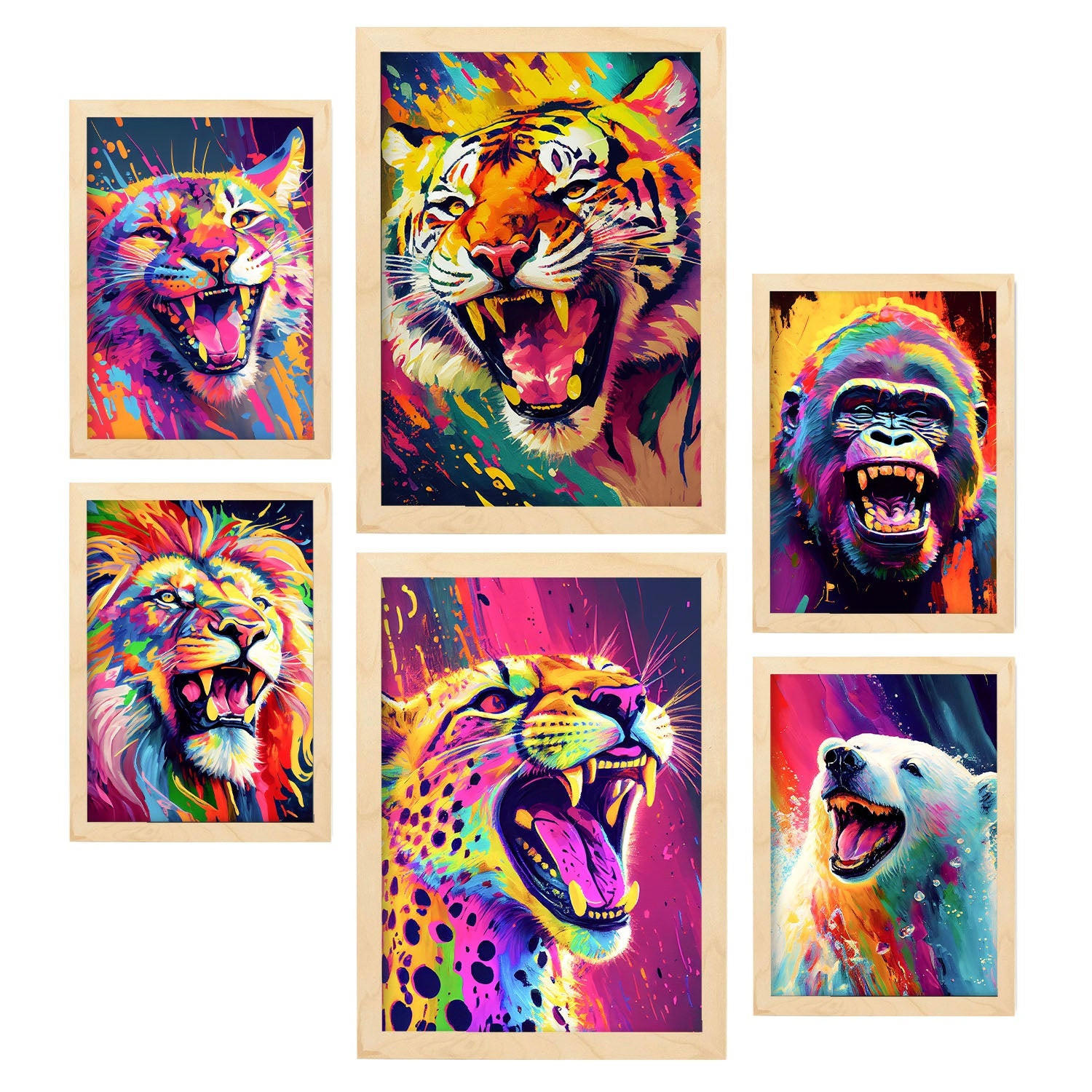 POSTER Set Mit 6 Wilde Tiere Im Hochformat Lebhafte Aquarell Stil Illustrationen Von Lächelnde Tiere Innenarchitektur A3 & A4 Rahmen Aus Hellem Holz - Beige, Papier (29/3cm) - Nacnic