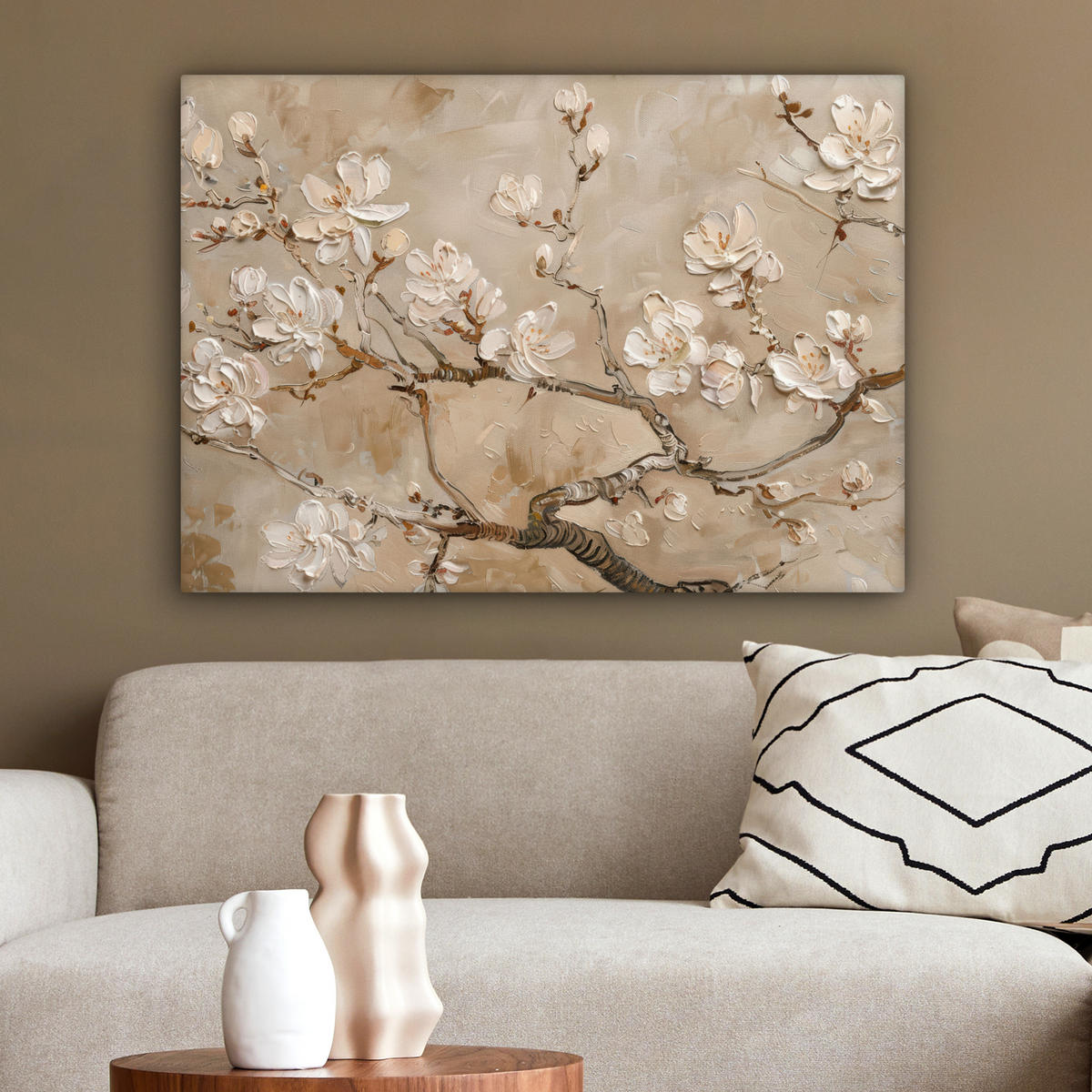 LEINWANDBILD - Blumen - Modern - Beige - Weiß - Blüte - 80x60 - Malerei - Beige, Textil (80/60cm) - MuchoWow