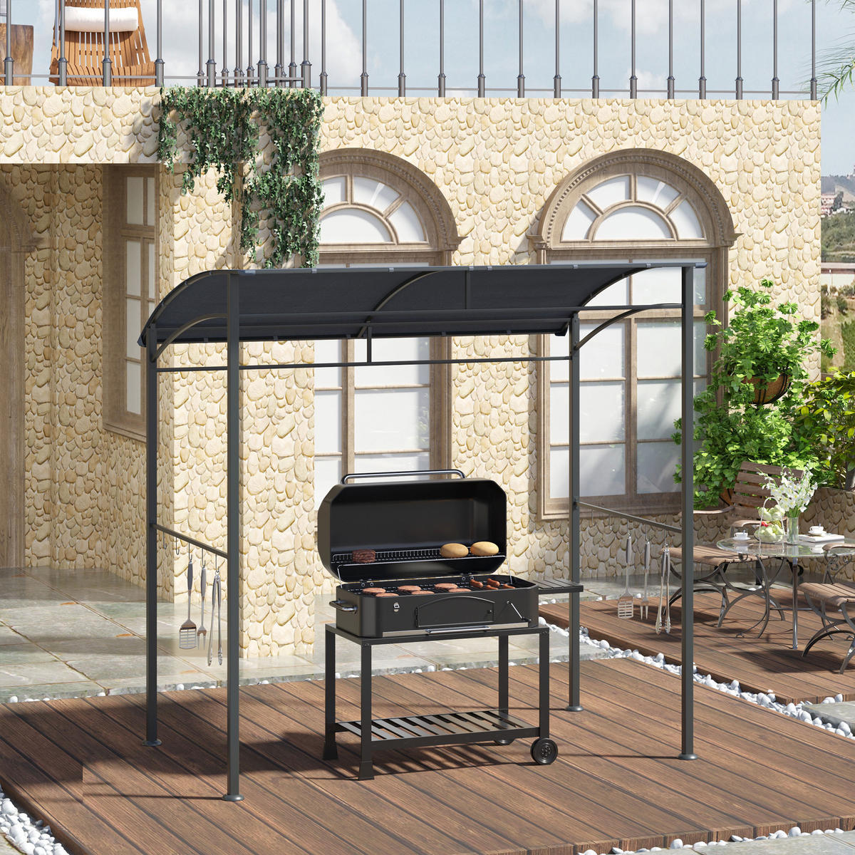 GRILLPAVILLON Polyester Grau+Schwarz - Schwarz/Grau, Kunststoff/Metall (150/220/215cm) - Outsunny