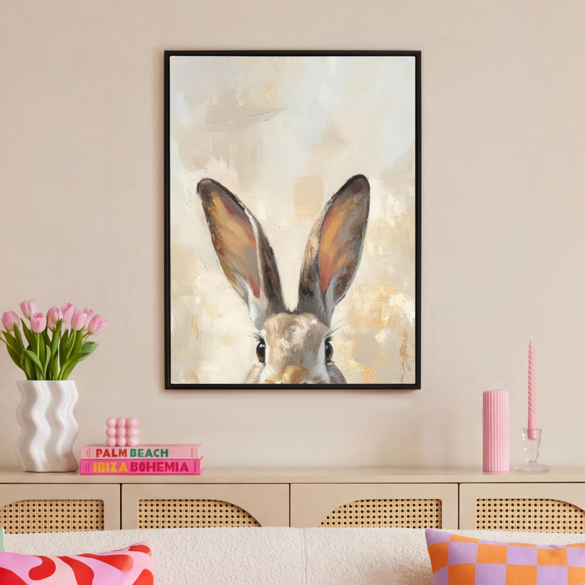 LEINWAND Bilder mit Rahmen - Hase - Ohren - Braun - 70x100 - Beige, Textil (70/100cm) - MuchoWow