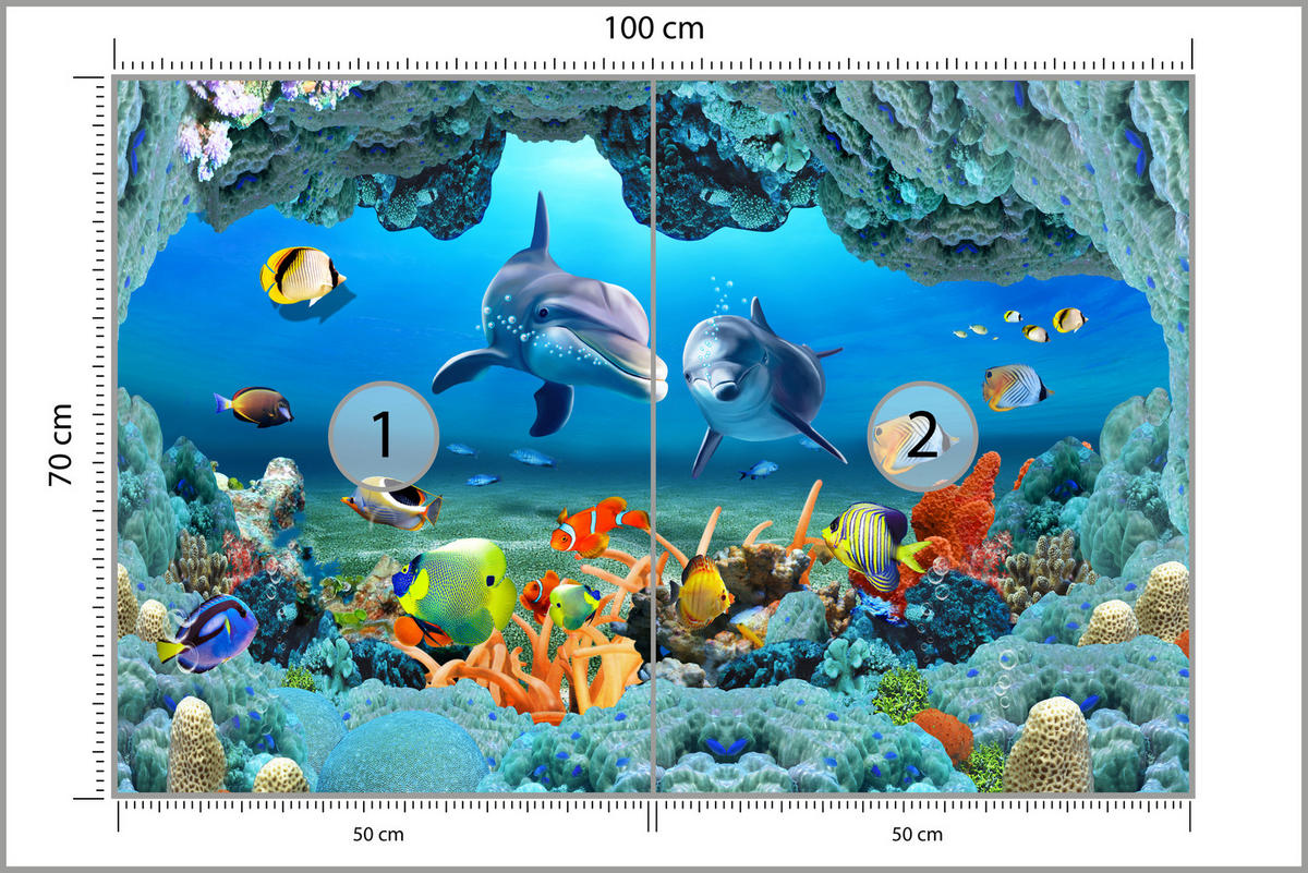 FOTOTAPETE für Badezimmer Unterwasser Korallenriff Delfin Fisch 100x70 - Türkis/Gelb, Papier (100/70cm) - Muralo