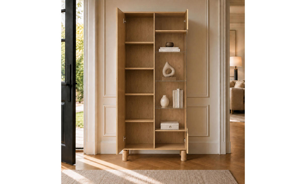 VITRINE LINDEN 89/40,6/197 cm mit Glastür mit LED Eiche Bookmatch - Eichefarben, Eichenholz/Holzwerkstoff (89/197/40.6cm) - Lookway
