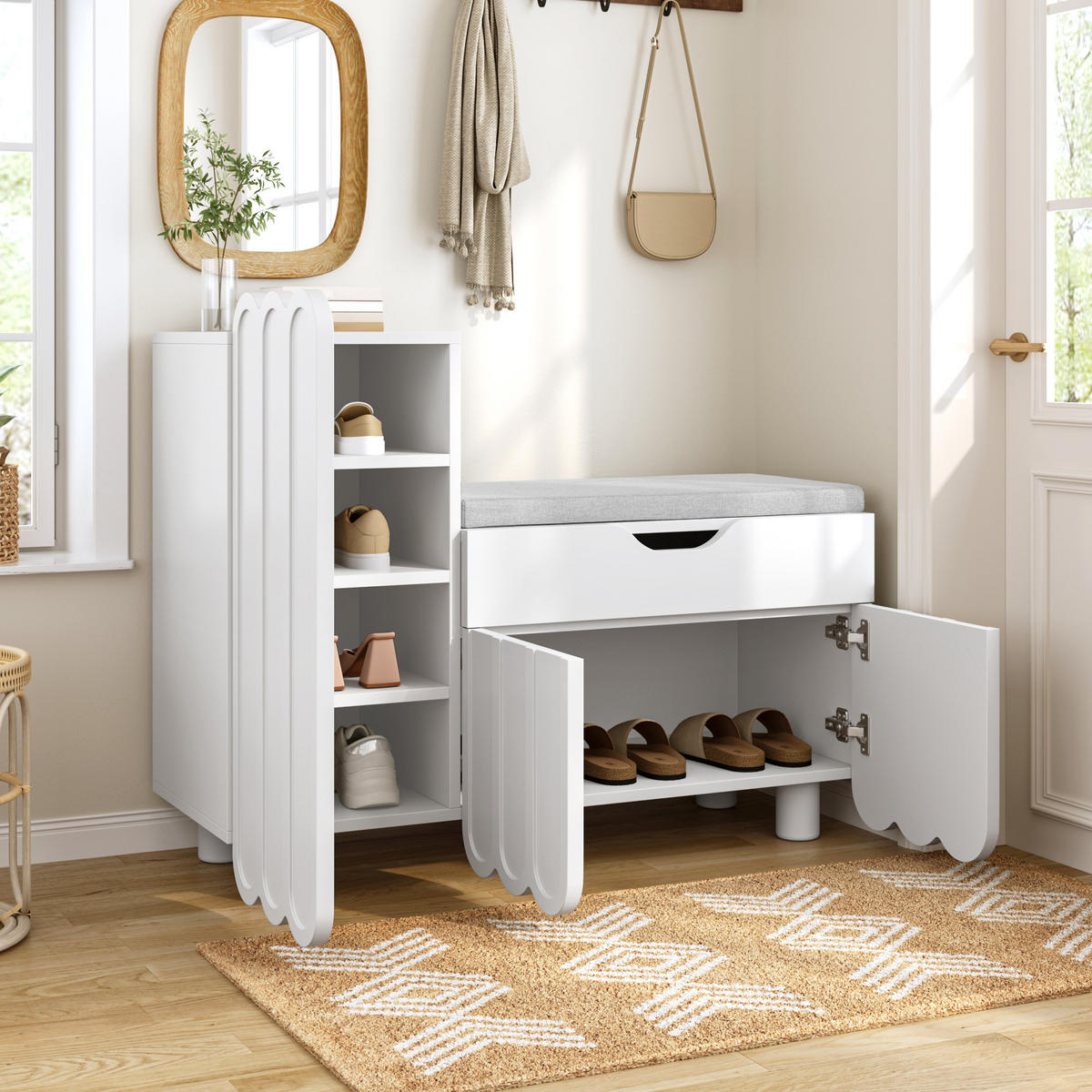 SCHUHSCHRANK 3 Türen Schublade Sitzpolster Weiß Platzsparend - Weiß, Holzwerkstoff (35/74.5/90cm) - FLIEKS