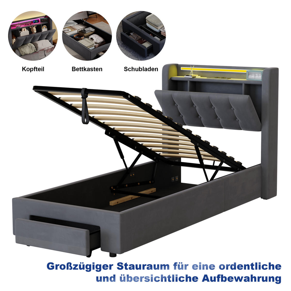 POLSTERBETT aus Samt 90x200 cm Grau mit LED-Beleuchtung & USB-Ladestation mit hydraulischem Stauraum - Grau, Textil (90/200cm) - Modfu