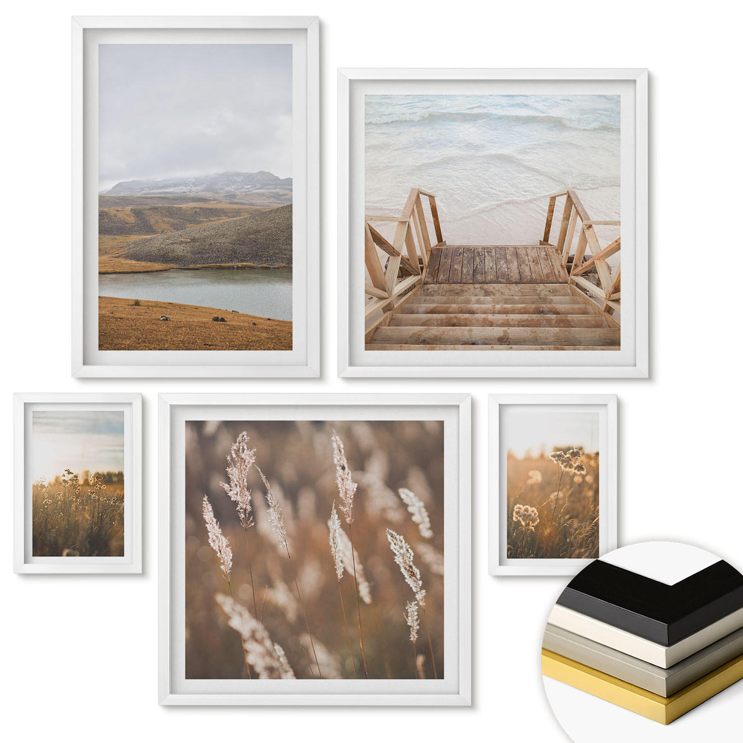 WANDBILDER 5er-Set - 50x50 cm & 20x30 cm & 40x60 cm Weißer Rahmen - Landschaften Wiesen Berge See - Weiß, Kunststoff (40/60cm) - ArtPrintCave