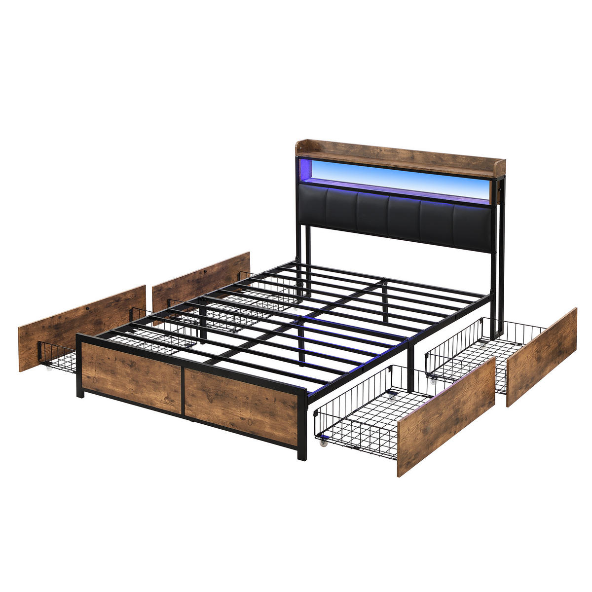 POLSTERBETT 140/200 cm Schwarz mit LED-Beleuchtung und 4 Schubladen - Schwarz, Kunststoff (140/200cm) - OKWISH