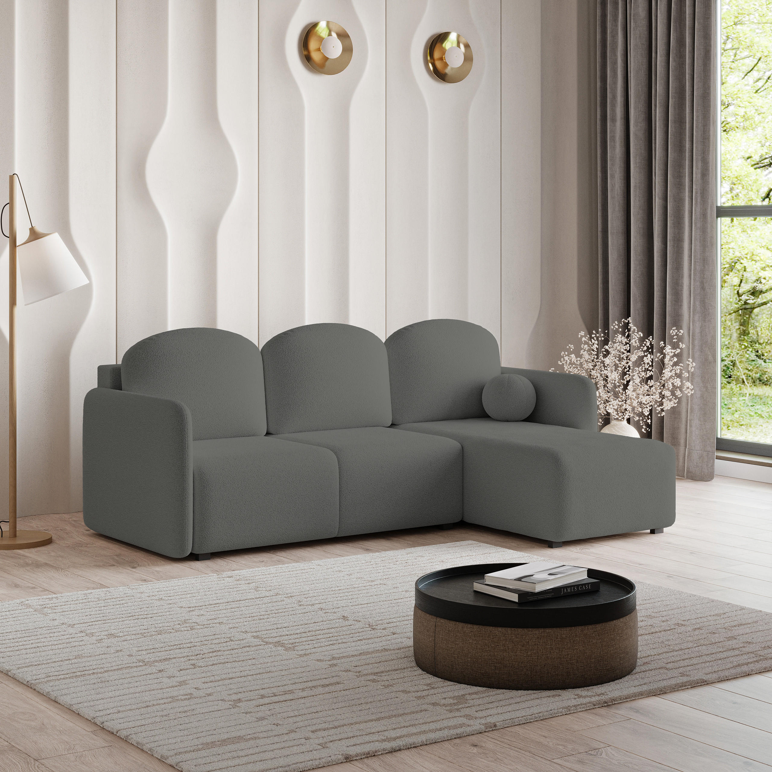 ECKSOFA SUVINO Grau Boucle-Stoff mit Schlaffunktion - Grau, Holz (230/143cm) - MASSENO