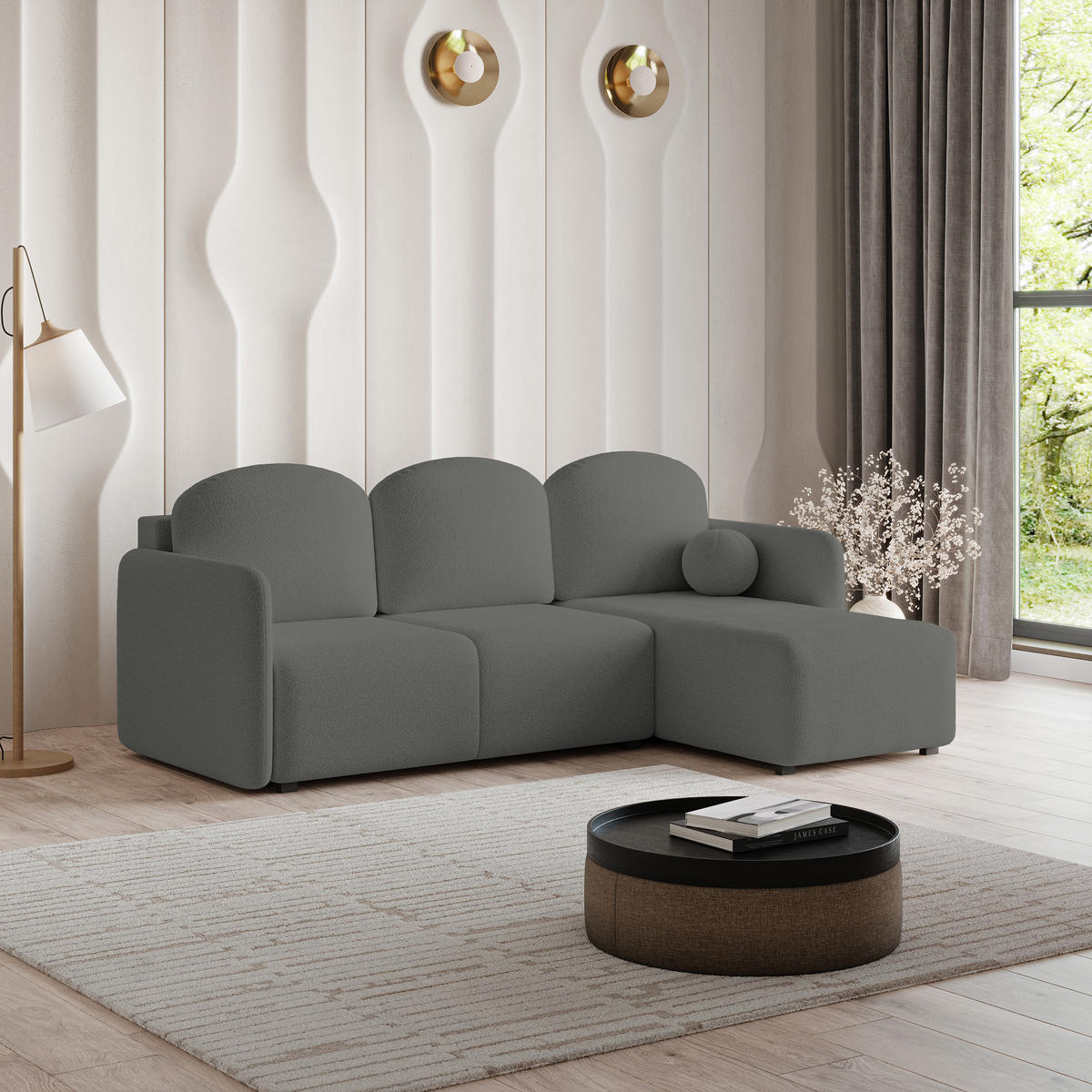 ECKSOFA SUVINO Grau Boucle-Stoff mit Schlaffunktion - Grau, Holz (230/143cm) - MASSENO