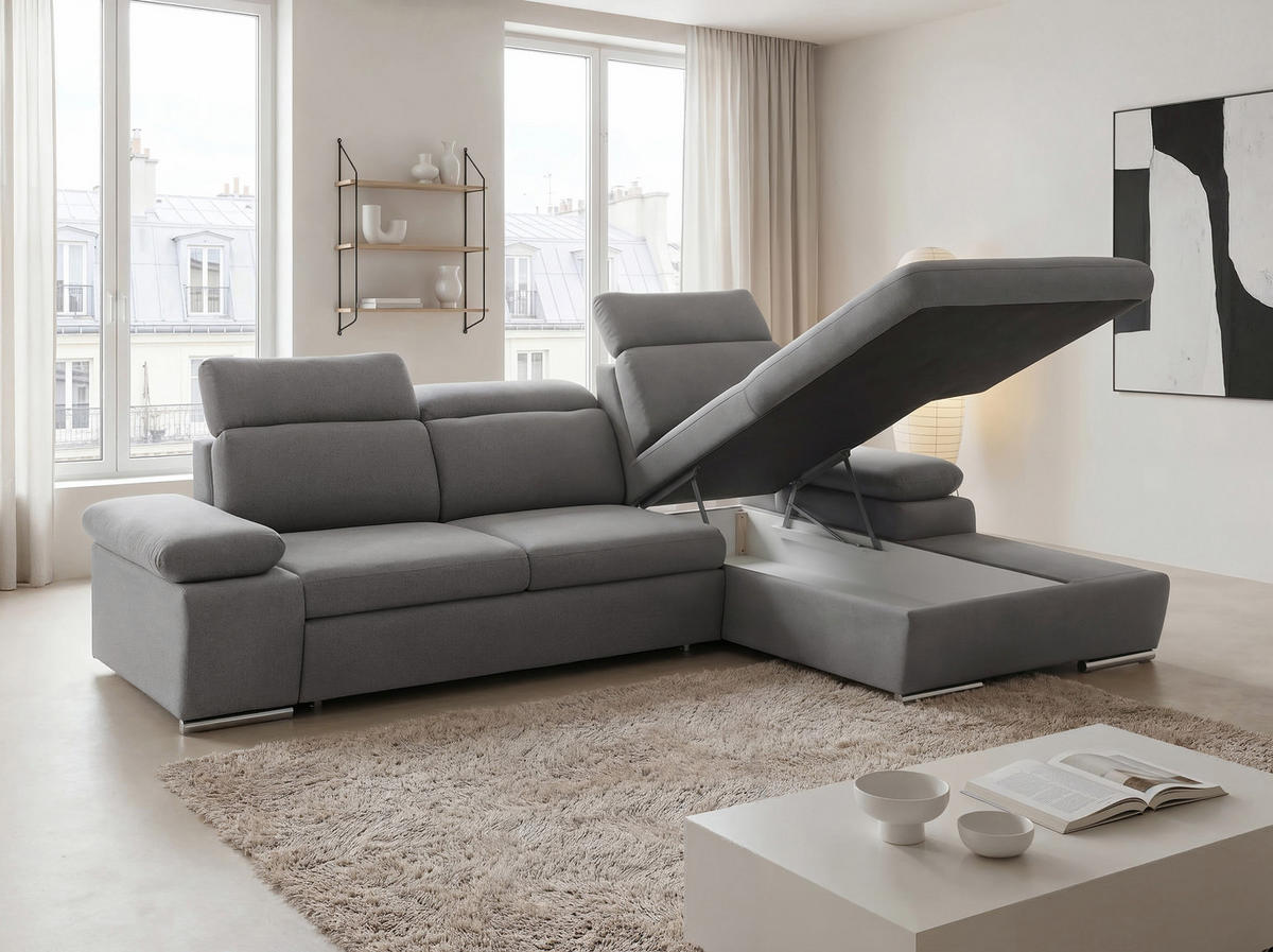ECKSOFA PABLO mit Schlaffunktion und Bettkasten Grau - Grau, Holzwerkstoff/Kunststoff (250/90cm) - Idohome