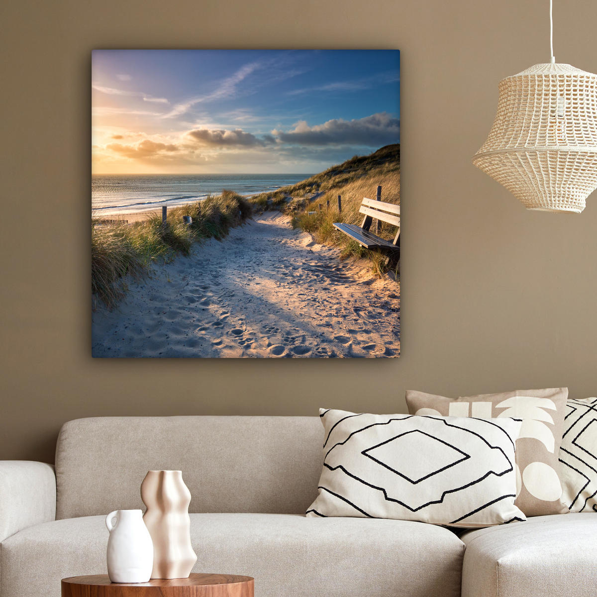 LEINWANDBILD - Sonnenuntergang - Strand - Düne - Gras - Ufer - 90x90 - Gemälde - Sandfarben, Textil (90/90cm) - MuchoWow