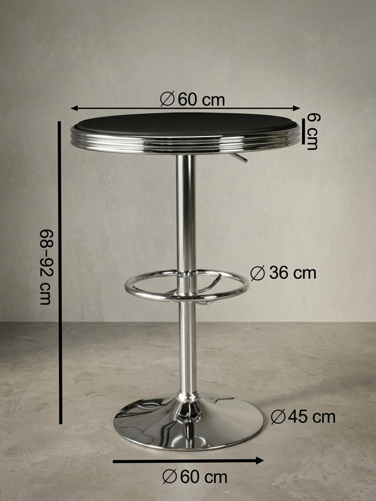 BARTISCH – Retro-Stil, höhenverstellbar, Aluminiumoptik, Kunstleder - Silberfarben/Schwarz, Textil/Metall (60/60/68cm) - KADIMA DESIGN