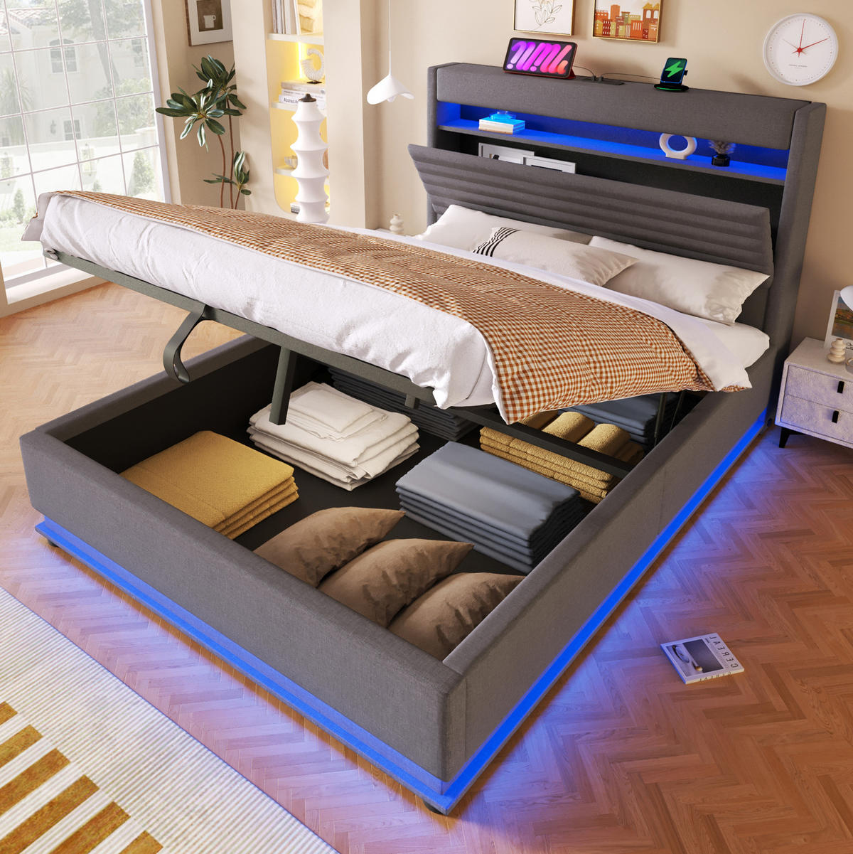 POLSTERBETT 140/200 cm mit LED-Beleuchtung, USB- und Typ-C-Anschluss, hydraulischem Stauraum, Leinen, Grau - Grau, Textil (140/200cm) - Redom