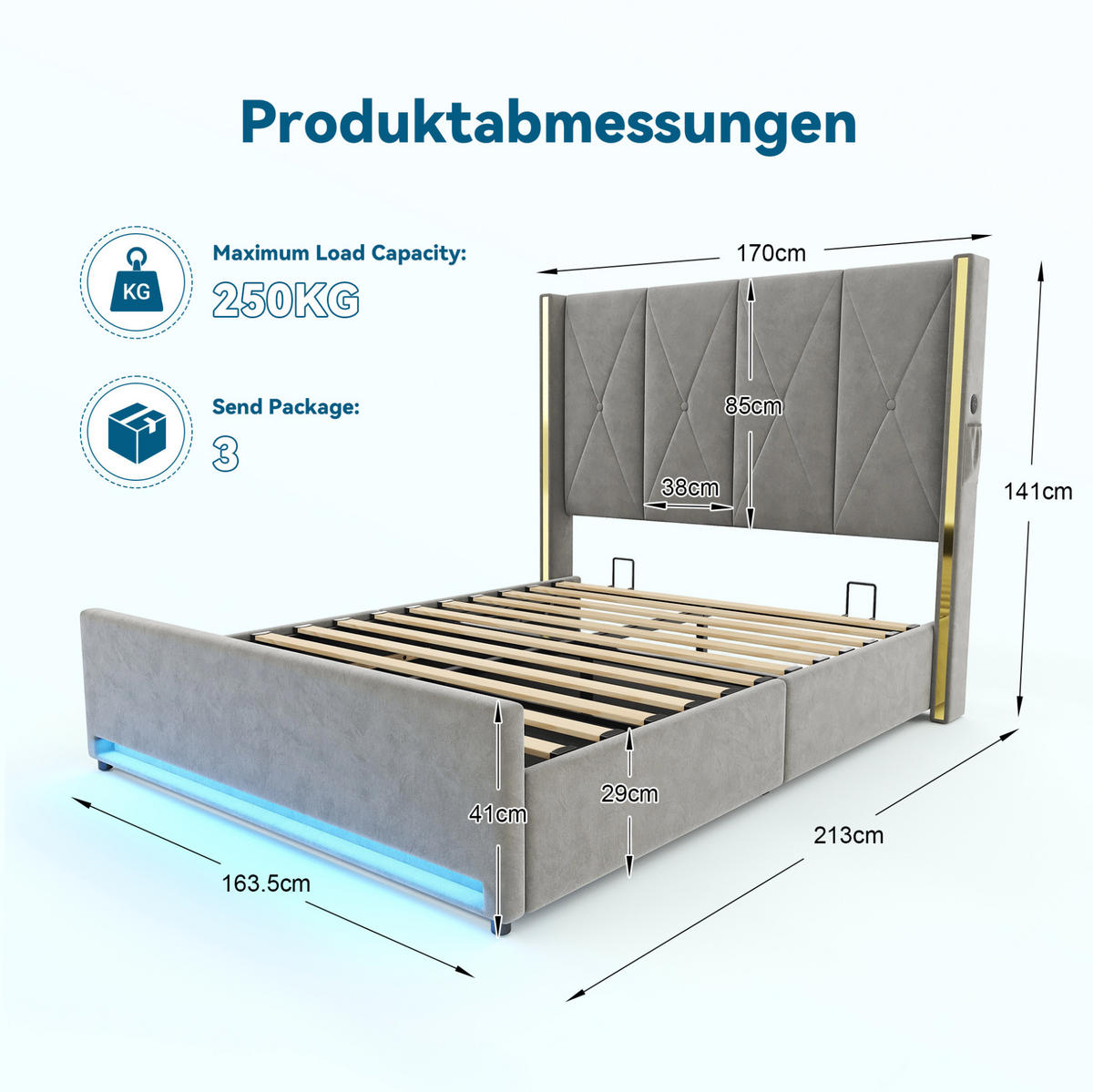 POLSTERBETT 160/200 cm mit LED-Beleuchtung, USB- und Type-C-Anschluss, Bettkasten und Seitentaschen, Dunkelgrau - Dunkelgrau, Textil (160/200cm) - Redom