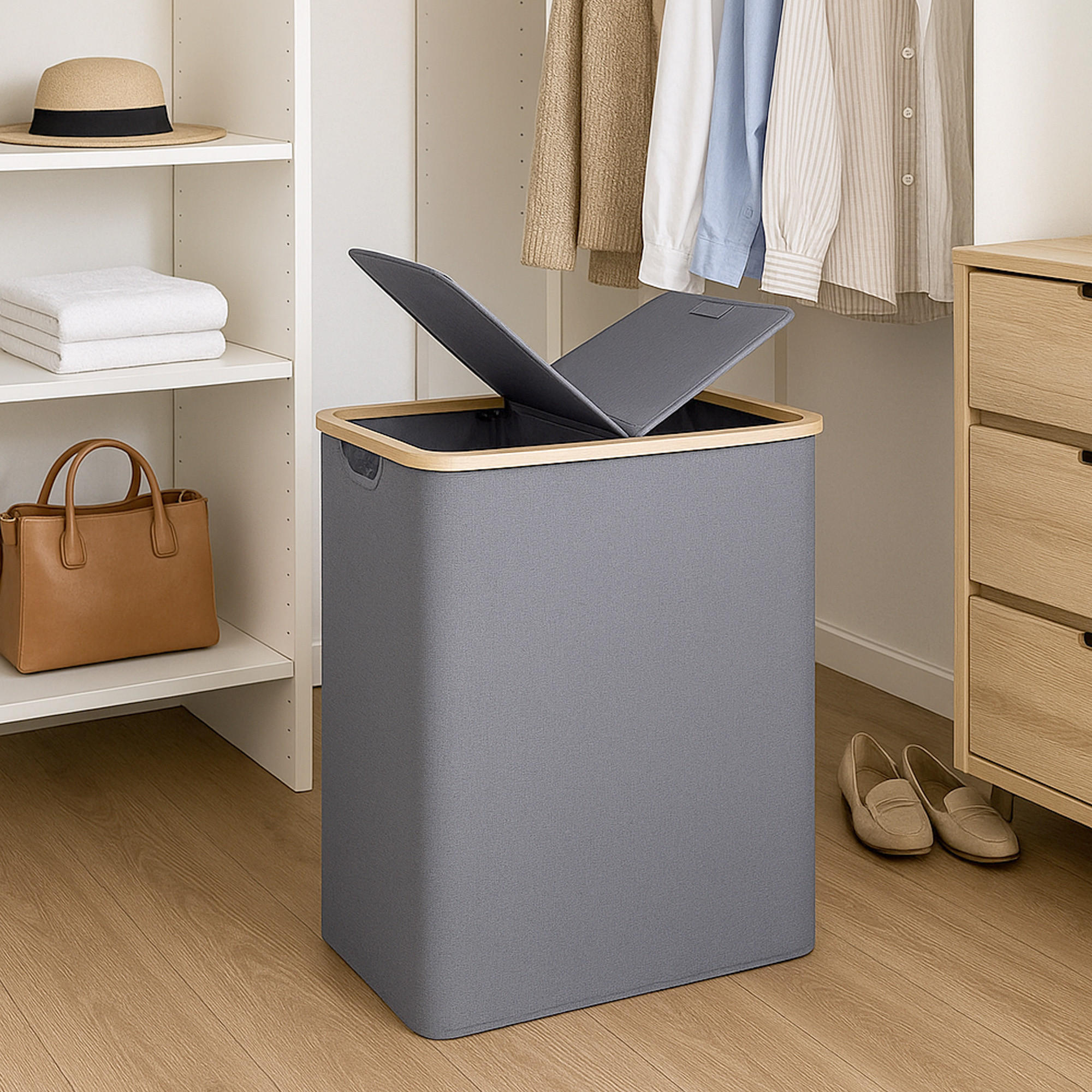 WÄSCHEKORB mit 2 Fächern 34x54x65cm - Grau, Textil (65/65/34cm) - Bestlivings